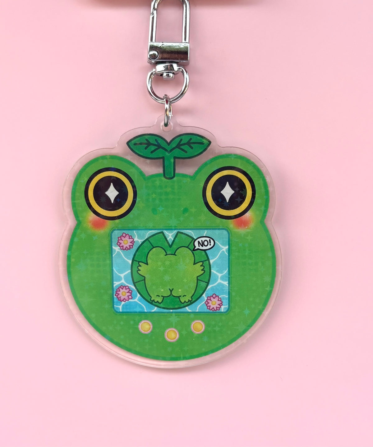 Virtual Frog Holographic Keyring - acrylic charm with a cute green frog virtual pet design