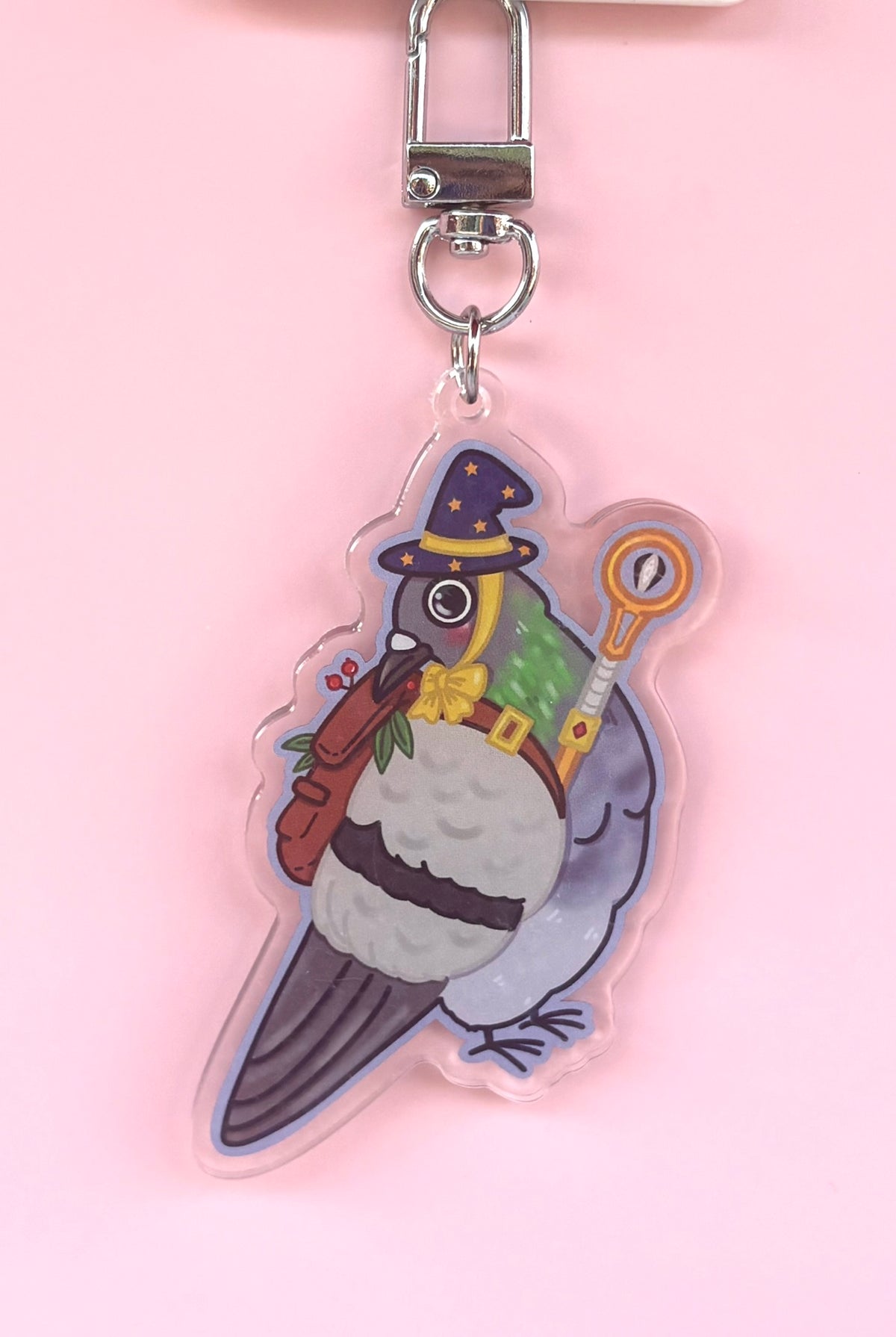 Wiz-Pidge Holographic Keyring - acrylic charm featuring a pigeon dressed as a wizard with a starry hat and staff