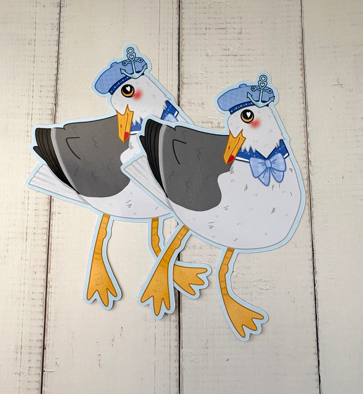 Cute Sailor Seagull Sticker - two stickers showing a seagull in a sailor cap with anchor and blue bow tie