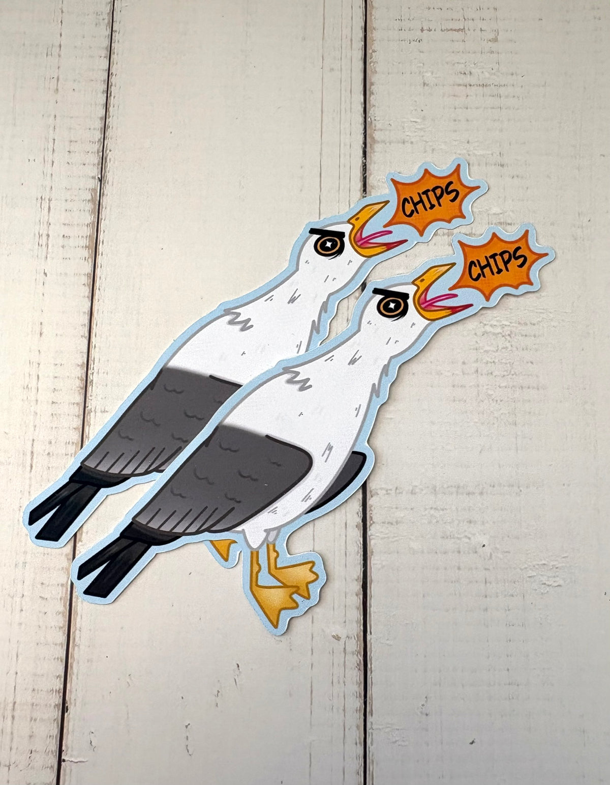 Seagull Screaming for Chips Sticker - two stickers showing a seagull with CHIPS speech bubbles