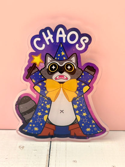 Large Chaos Raccoon Acrylic Pin - finished coloured version featuring a wizard raccoon in a starry blue cape