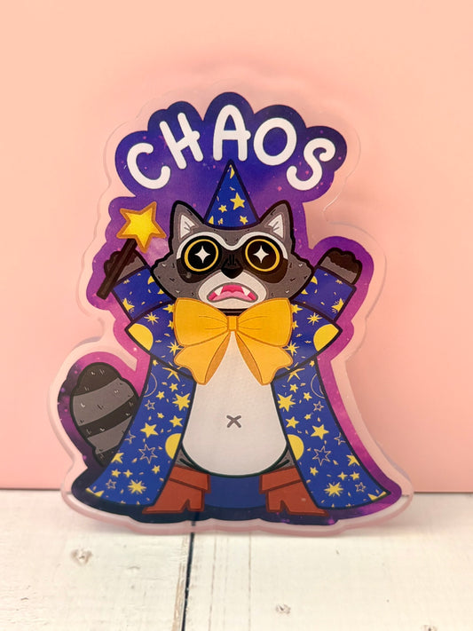 Large Chaos Raccoon Acrylic Pin - finished coloured version featuring a wizard raccoon in a starry blue cape