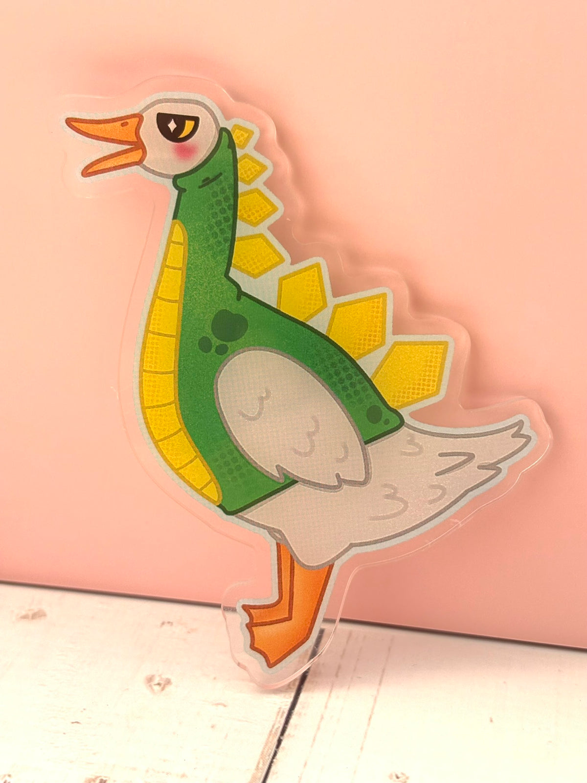 Large Dino Duck Pin - finished version featuring a duck in a green and yellow dinosaur costume