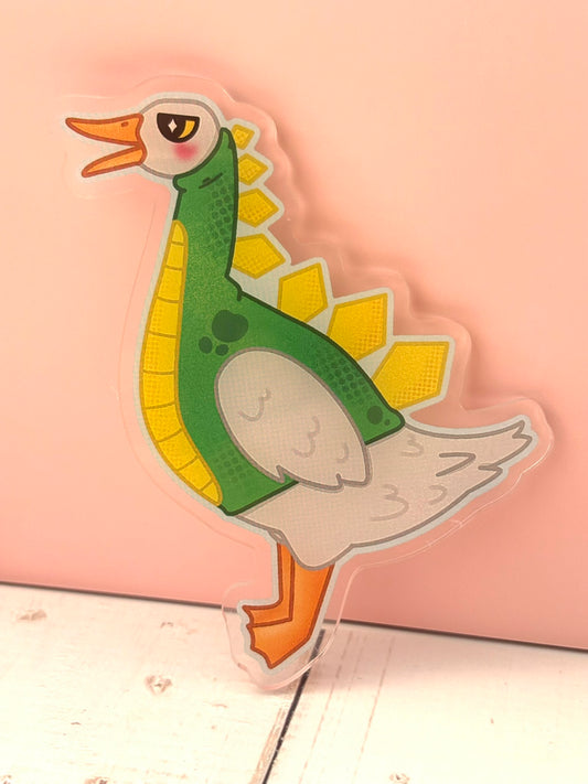 Large Dino Duck Pin - finished version featuring a duck in a green and yellow dinosaur costume