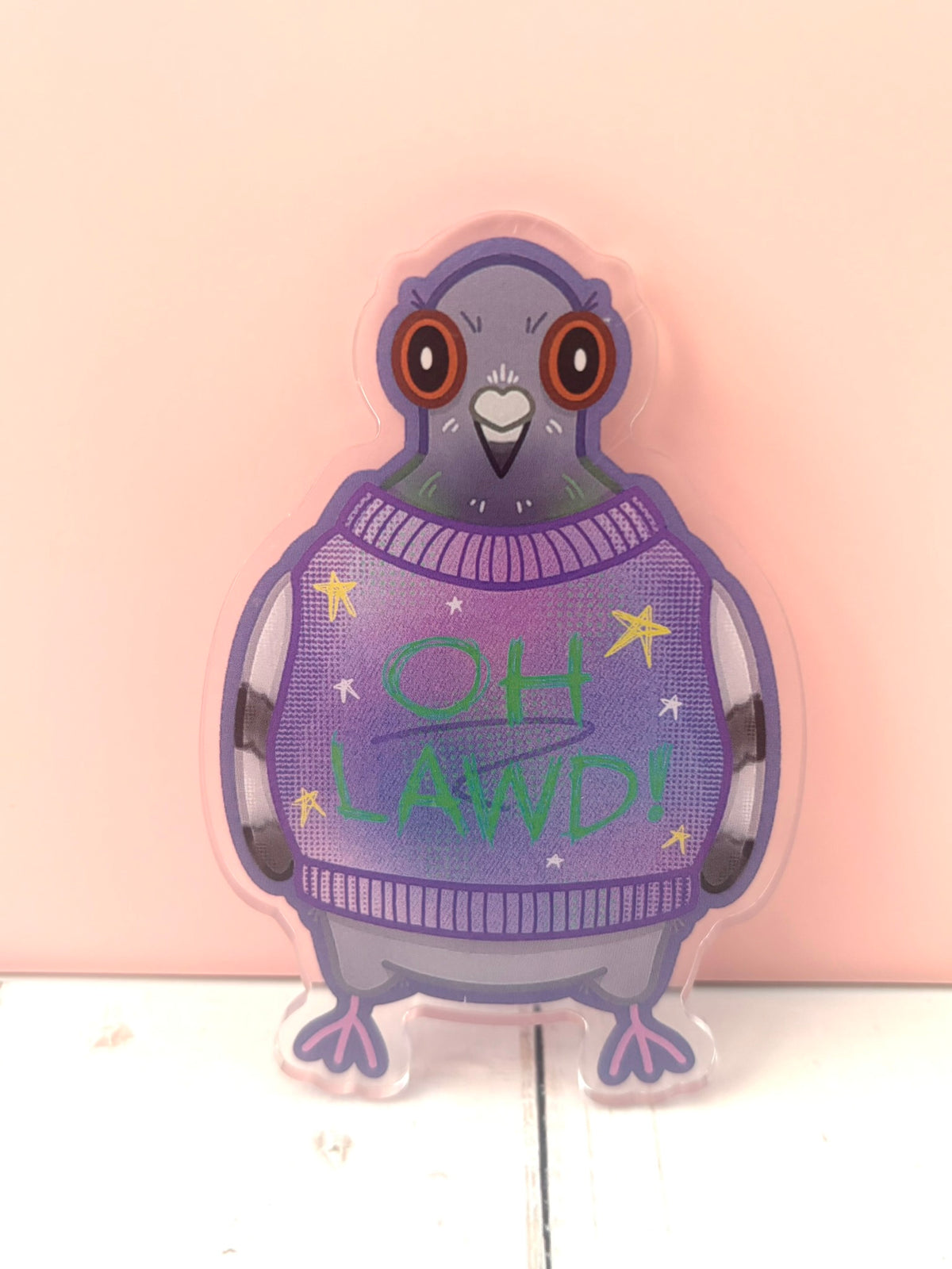 Large OH LAWD Pigeon Pin - finished version featuring a chonky pigeon in a sparkly purple OH LAWD jumper