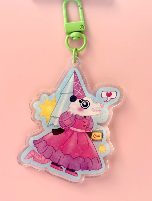 Trash Princess Holographic Keyring - whimsical character in pink and purple gown with wizard hat holding crisps on a holographic acrylic charm
