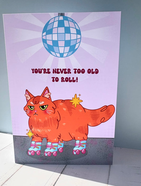 Roller Cat birthday card featuring a grumpy ginger cat on roller skates under a disco ball