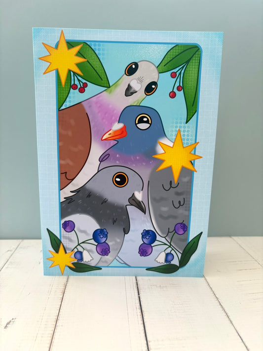 Trio Of Pigeons Greetings Card standing up against a grey wall