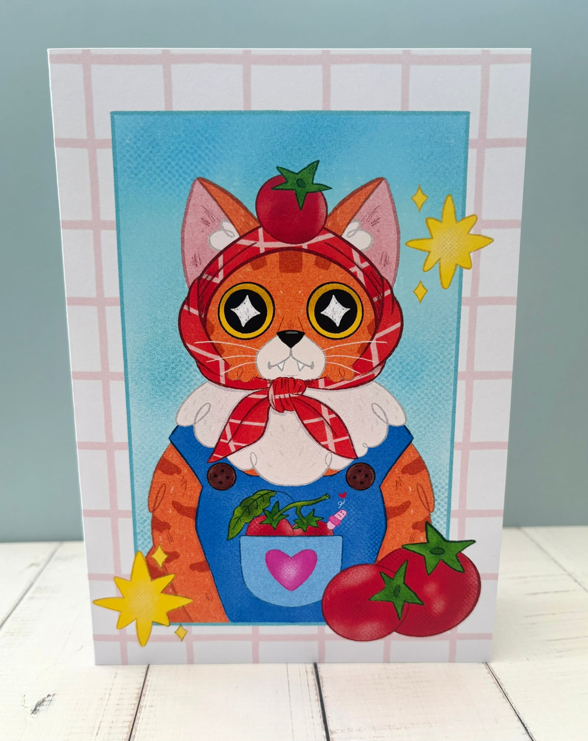 Tomato Dungaree Cat Greetings Card standing up against a grey wall