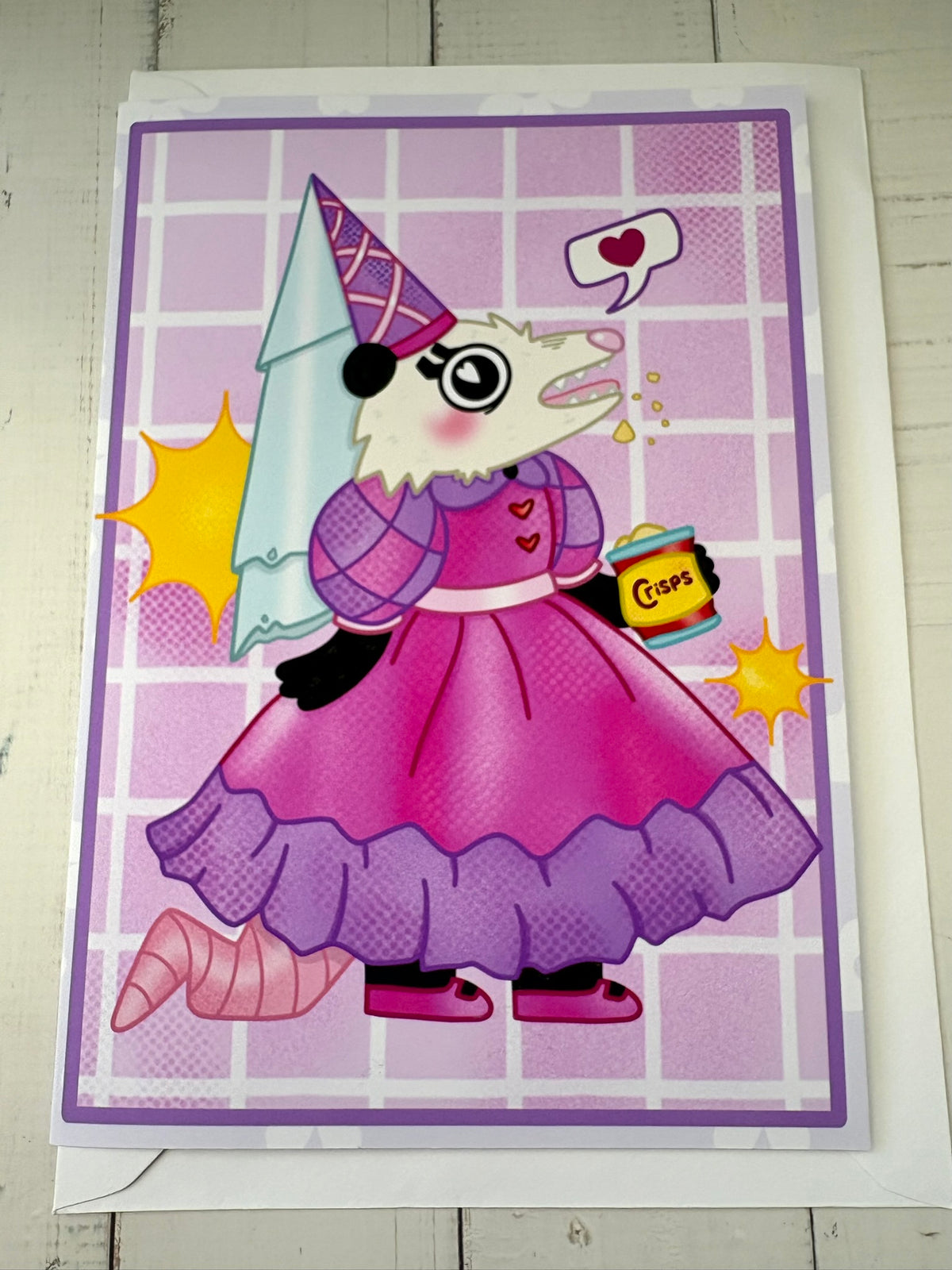Trash Princess Possum Greetings Card flat with envelope showing glamorous possum in ballgown with crisps