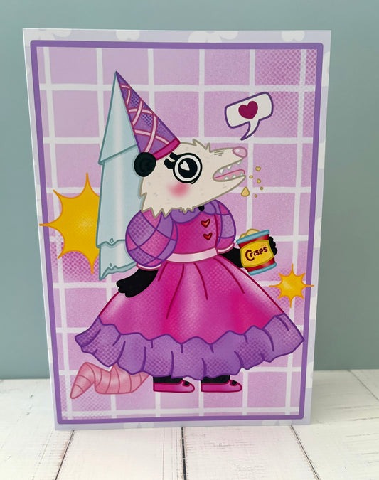 Trash Princess Possum Greetings Card standing up against a grey wall
