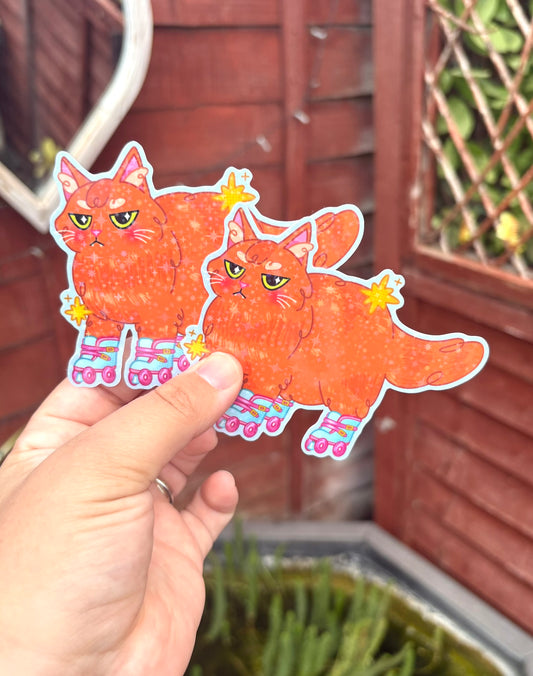 Holographic Roller Kitty Sticker - two stickers showing chunky grumpy ginger cat on pastel roller skates