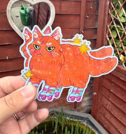 Holographic Roller Kitty Sticker - single large sticker showing chunky ginger cat on roller skates with sparkles