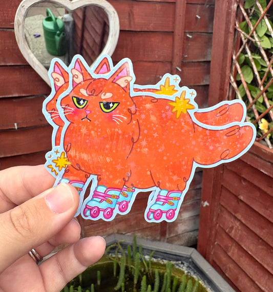 Holographic Roller Kitty Sticker - single large sticker showing chunky ginger cat on roller skates with sparkles