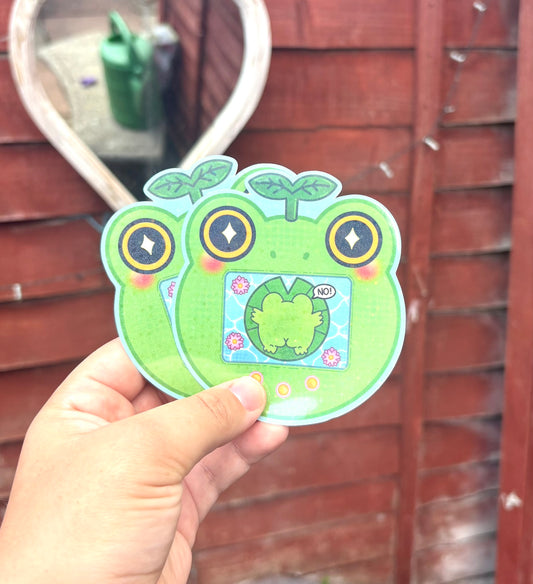 Holographic Virtual Pet Frog Sticker - two stickers showing frog-faced virtual pet with leaf sprouts and NO! speech bubble