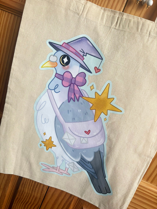 Close-up of witch carrier pigeon illustration with purple bow, lilac satchel and golden stars